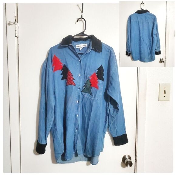 Anne Josephine Vintage Christmas Chambray Patched Button Down Shirt Size Medium - Picture 1 of 10